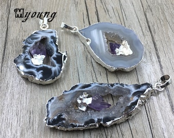 Friformad agat Druzy geode skivhänge med inlägg av ametistspets, elegant Druzy agatkvarts silver galvaniserat hänge, GP081407