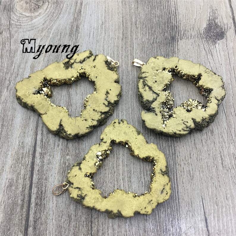 Wholesale Geode Agate Quartz Druzy Slice Gold Plated Pendant Raw Gold Titanium Coated Quartz Slab Findings GC18101606