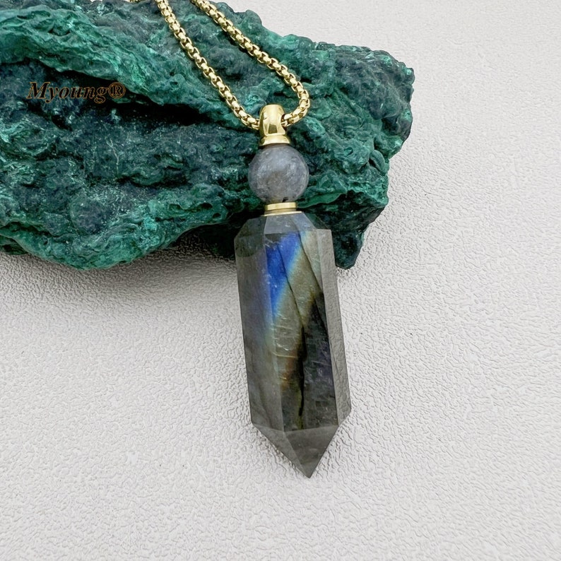 Natural Big Flash Labradorite Stone Point Pendant Charms,Hexagon Point Perfume Bottle Pendant Essential Oil Diffuser Vial Necklace,GP2311211 Pendant with chain