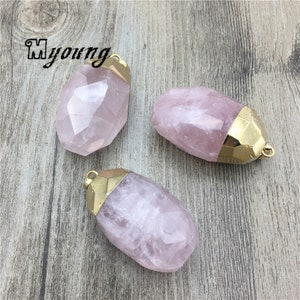 Big Rose Quartz Nugget Pendant Charms, Faceted Pink Crystal Quartz Pendant With Gold Plated Cap, GP18092603