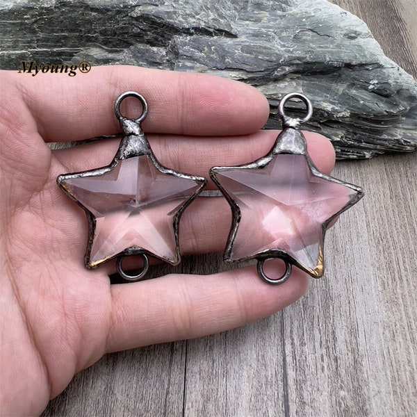 Antique Silver Soldered Faceted Pentagram Star Clear Glass Pendant,Vintage Five-pointed Star Glass Crystal Jewelry Accessories,GP2304216