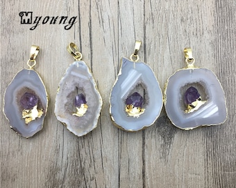 Friformad agat Druzy geode skivhänge med inlagd ametistpunkt, elegant Druzy agatkvarts guld galvaniserad kanter hänge, GP081408