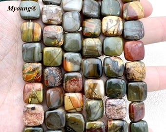 12mm Natural Smooth Square Picasso Jasper Stone Slice Beads,Red Creek Jasper Beads,Multicolor Picasso Jasper Necklace Bracelet DIY Findings
