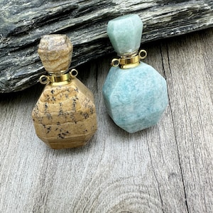 Natural Crystal Quartz Perfume Bottle Pendant, Healing Crystal Vial Pendants, Essential Oil Diffuser Vial Necklace Connector Charms
