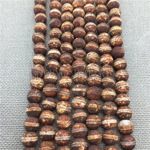 Round Brown Tibetan Dzi Beads, Rustic One Line Stripe Agate Beads,Crackle Wood Vein Agate Beads,Mala Prayer Beads,GB081719