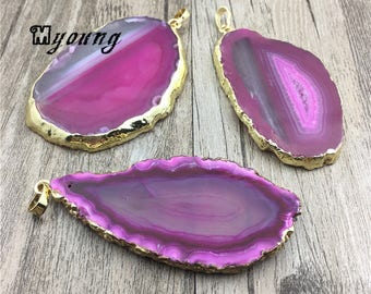 Fuchsia Lace Agate Quartz Druzy Slice Pendant, Pink Agate Geode Charms, Gold Bail Gemstone Findings, GP103103