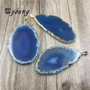 Sky Blue Agate Quartz Druzy Slice Pendant, Natural Agate Geode Charms With Gold Plated Bail, Wholesale Gemstone Findings, GP10304