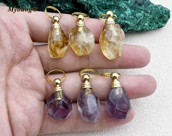 Natural Irregular Citrine Amethyst Perfume Bottle Pendant,Gold Plated Crystal Quartz Nugget Essential Oil Diffuser Vial Charms,GP2401094