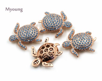 2pcs Micro Paved Turquoise Sea Turtle Charms, Multicolor Animal Spacer Beads, Metal Jewelry DIY Accessories,NOV18263