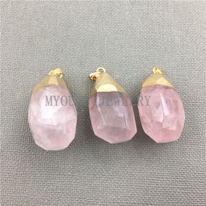 Faceted Teardrop Rose Quartz Pendant Charm,Pink Crystal Quartz Nugget Pendant With Gold Plated Cap For Jewelry DIY, GP081706