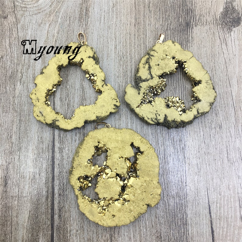 Wholesale Geode Agate Quartz Druzy Slice Gold Plated Pendant Raw Gold Titanium Coated Quartz Slab Findings GC18101606