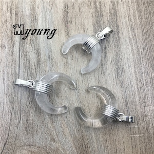 Natural Crescent Moon Rock Crystal Quartz Pendant, Clear White Crystal Charms With Silver Plated Bail, AGP050602