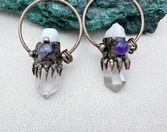 Antique Soldered Clear Quartz Crystal Amethyst Paved Point Pendants,Vintage Bronze Plated Crystal Pencil Point Necklace Making Charms