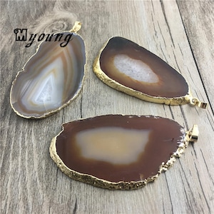 Large Brown Agate Quartz Druzy Slice Pendant, Wholesale Agate Geode Charms With Gold Plated Bail, Natural Gemstone Findings, GP10305