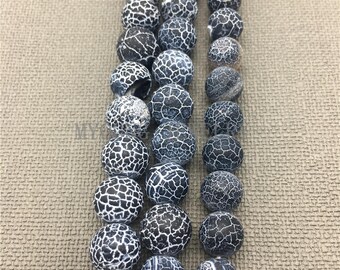 Natural Black Crackle Vein Agate Beads,Frosted Round Drilled Onyx Gemstone Beads,Dragon Agate Beads,Full Strand Jewelry DIY Beads, GB081713