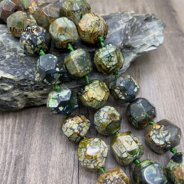 Large Faceted Green Dragon Veins Agate Cutting Nugget Quartz Stone Beads For DIY Jewelry Making,GB2304211