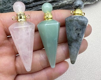 Gold Plated Crystal Quartz Point Perfume Bottle Pendant, Tiger Eye Obsidian Essential Oil Perfume Diffuser Charms, Pendulum Vial Pendant