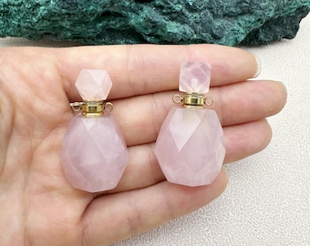 Natural Faceted Rose Quartz Perfume Bottle Pendant,Gold Plated Crystal Quartz Essential Oil Diffuser Vial Charms,Healing Crystal Pendant