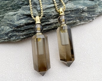 Natural Smoky Quartz Point Perfume Bottle Pendant Charms,Essential Oil Diffuser Neckalce Pendant, Handmade Crystal Bottle Necklace,GP2404291