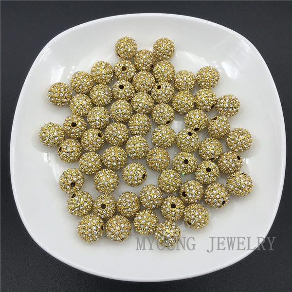 Perles rondes en métal plaqué or Pave Ball, Clear Strassstone Paved Spacer Jewelry Findings, Center Drilled Metal Beads, GB09155