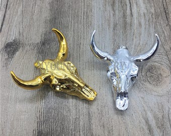 Or ou argent Electroplated Buffalo Cattle Skull Pendentif Charm, Résine Longhorn Cattle Head Necklace Pendentif, Skull Pendant,GP082804