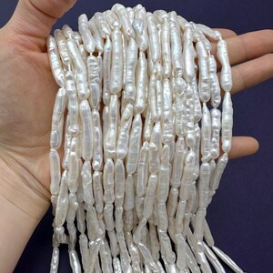 Cuentas de perlas Biwa blancas naturales largas de 15,5", perlas de agua dulce tipo pilar para la fabricación de collares y joyas.