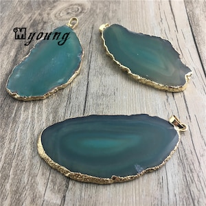 Freeform Green Agate Quartz Druzy Slice Pendant, Natural Agate Charms With Gold Plated Bail, Wholesale Gemstone Findings, GP10303