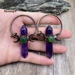 Big Hoop Soldered Amethyst Crystal Quartz Pillar Point Pendant, Bronze Vintage Hexagon Column Amethyst Point DIY Charms,GP2306084