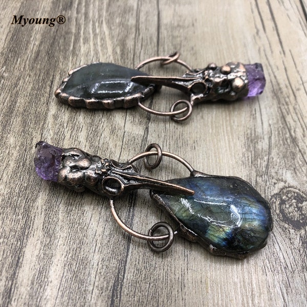 Freeform Flash Labradorite Molten Soldered Bronze Stone Pendants,Large Antique Copper Hoop Amethyst Point Embellished Necklace,GP21091606