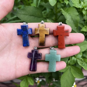 5pcs Healing Crystal Quartz Cross Pendant Crafts, Religious Cross Charms,Agate Tiger Eye Cross Rose Quartz   Jewelry Decor