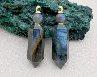Natural Big Flash Labradorite Stone Point Pendant Charms,Hexagon Point Perfume Bottle Pendant Essential Oil Diffuser Vial Necklace,GP2311211