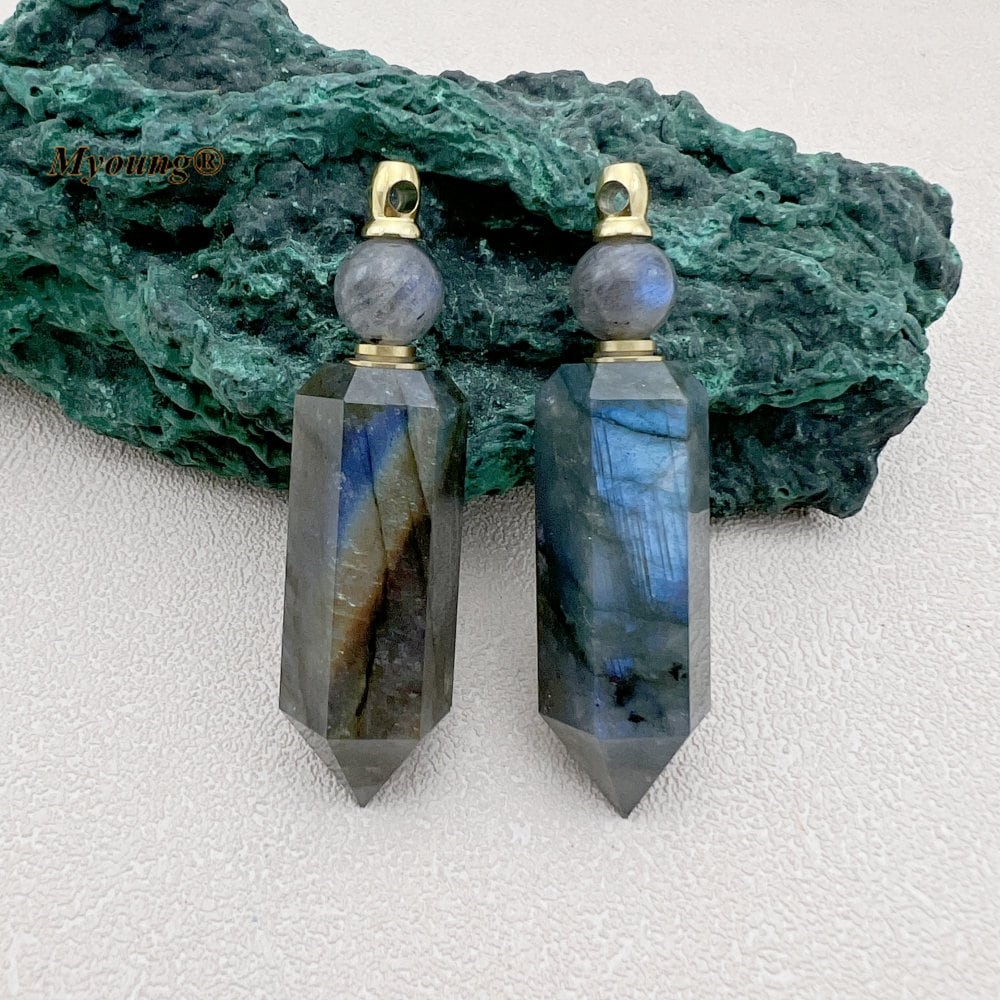 Natural Big Flash Labradorite Stone Point Pendant Charms,Hexagon Point Perfume Bottle Pendant Essential Oil Diffuser Vial Necklace,GP2311211