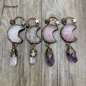 Boho Large Crescent Soldered Rose Quartz Slice Vintage Moon Pendant, Faceted Crystal Pillar Point Star Necklace Charms,GP21091602