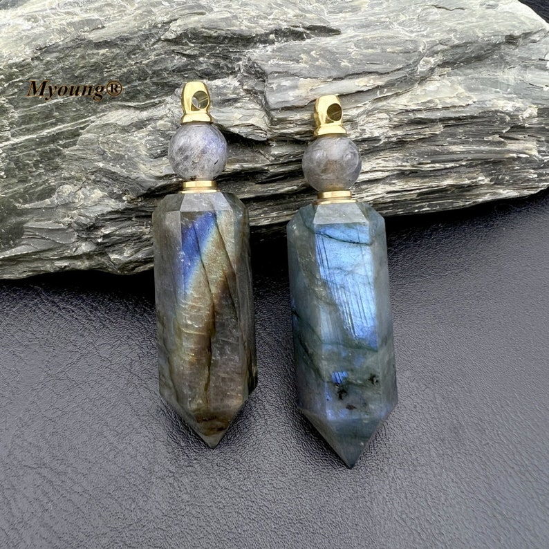 Natural Big Flash Labradorite Stone Point Pendant Charms,Hexagon Point Perfume Bottle Pendant Essential Oil Diffuser Vial Necklace,GP2311211 image 5