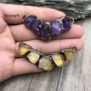Antique Copper Soldered Druzy Amethyst Connector, Citrine Healing Crystal Smile Pendant, Vintage Five Grain Gemstones, Holiday Gifts Decors