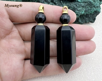 Large Black Obsidian Natural Stone Point Pendant Charms,Hexagon Point Perfume Bottle Pendant Essential Oil Diffuser Vial Necklace,GP2311202