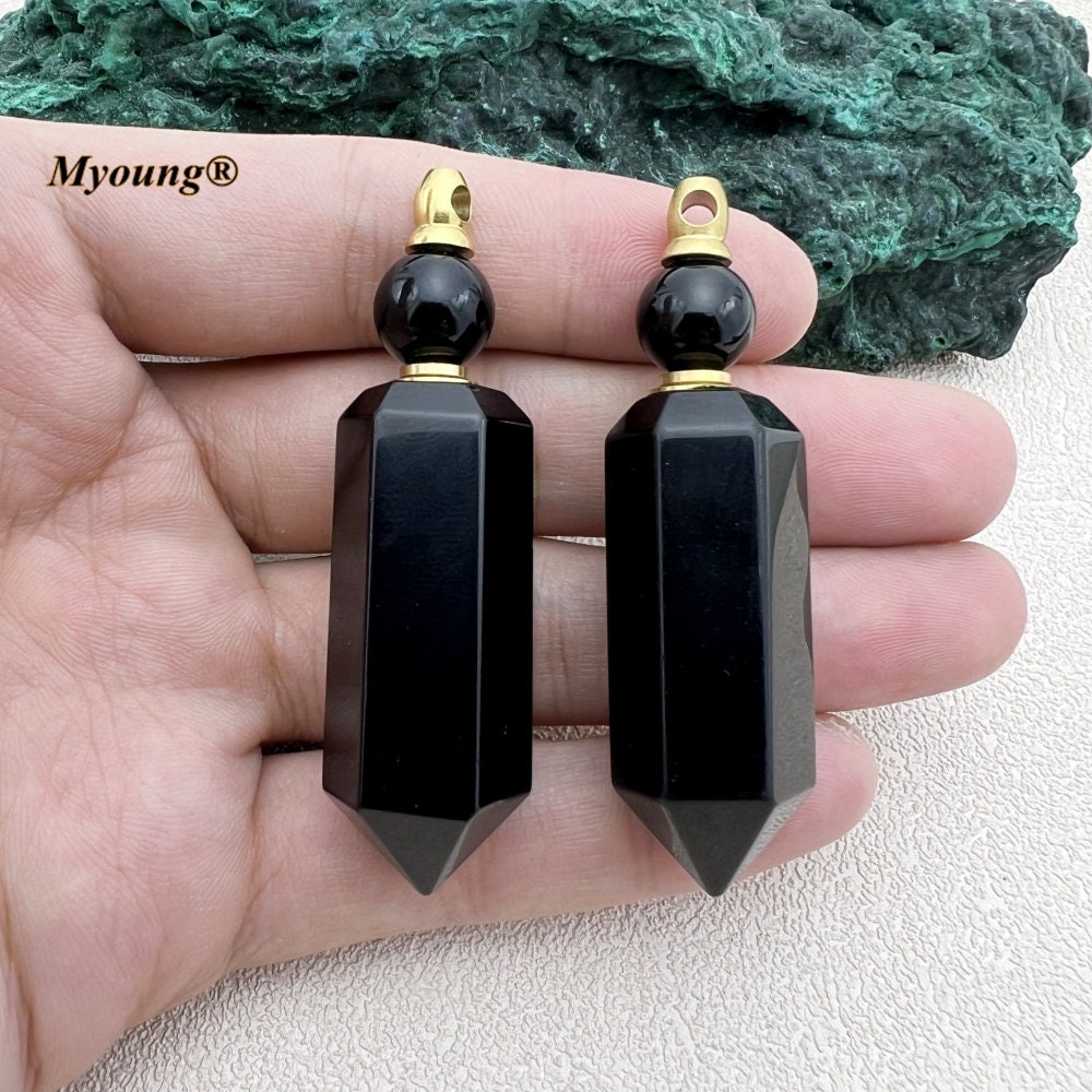 Large Black Obsidian Natural Stone Point Pendant Charms,Hexagon Point Perfume Bottle Pendant Essential Oil Diffuser Vial Necklace,GP2311202