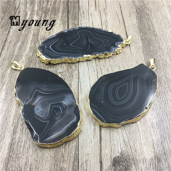 Grand pendentif noir à bandes de tranche d’Agate, charme dépouillé d’Agate avec la caution plaquée d’or, résultats de la dentelle Onyx, GP10301