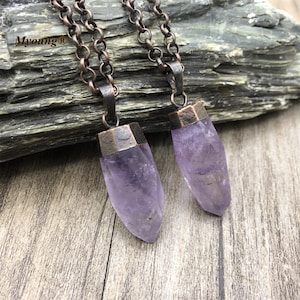 Faceted Amethyst Bullet Spike Pendant Charm, Vintage Bronze Purple Crystal Quartz Pencil Point Choker Necklace Pendants, GP22073002