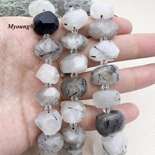 Natural Faceted Black Rutilated Quartz Nugget Beads, Cutting Tourmalinated Quartz Crystal Gemstone Beads For Jewelry DIY, GB2310185