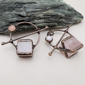 Vintage Bronze Plated Cube Rose Quartz Pendant Charms, Soldered Planet Pink Crystal Necklace Pendant, Natural Crystal Quartz Handcrafts