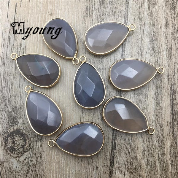 Faceted Teardrop Gray Agate Pendant Charms, Goldr Plated Druzy Agate Quartz Jewelry Making Pendants, GP122602