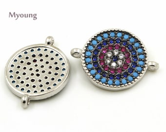 2uns redondo micro pavimentado turquesa CZ Zirconia encantos, colorido cúbico CZ spacer abalorios, plata plateado metal joyería conector, NOV18266