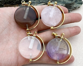 Natural Round Smoky Quartz Perfume Bottle Pendant Charms,Gold Plated Bohemia Crystal Quartz Amethyst Essential Oil Diffuser Vial,GP2311244