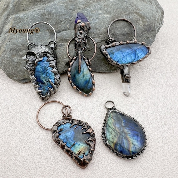 Labradorite Teardrop Oil Bottle Bronze Pendants Labradorite Teardrop Oil Bottle Bronze Pendants