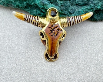 Gold Plated Buffalo Skull Pendant, Tiger Eye Stone, Tribal Jewelry