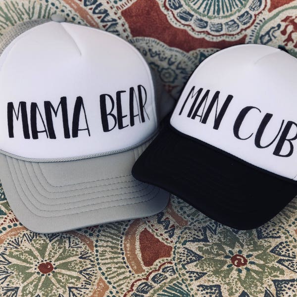 Mama Bear and Man Cub matching trucker hats Mommy and Me SET