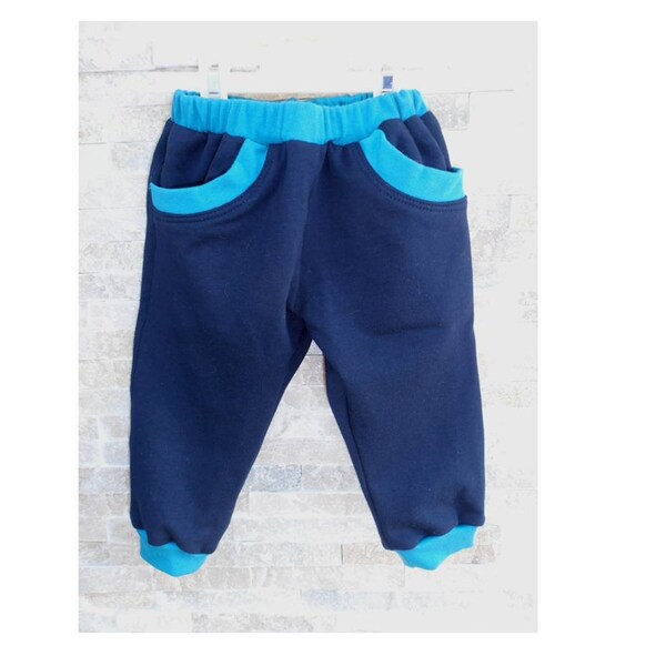 Pantalon en molleton coton, bleu marine, fait main pour bébé de 1 an