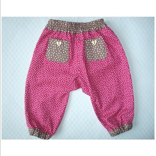 Pantalon en coton fait main,  pour bébé de 3 mois, bicolore rose à pois blancs