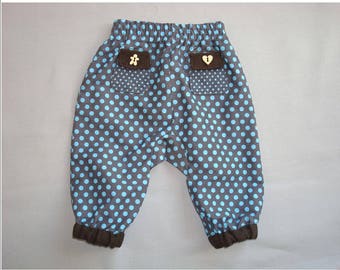 Pants in brown cotton with blue polka dots, handmade for 3 months old baby